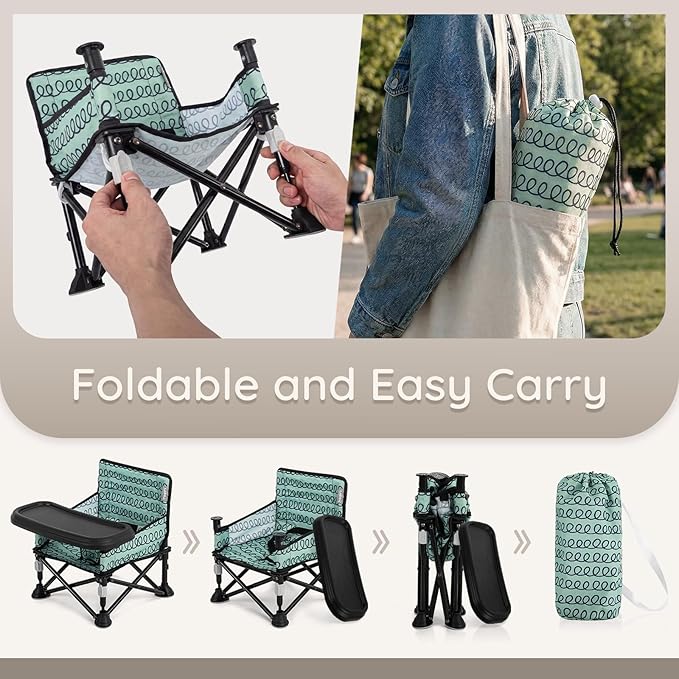 Toddler Booster Seat for Dining Table & Kitchen Chair - Portable Foldable with Removable Tray, Baby Camping Chair 6-36 Months Indoor Outdoor (Green Stripe)