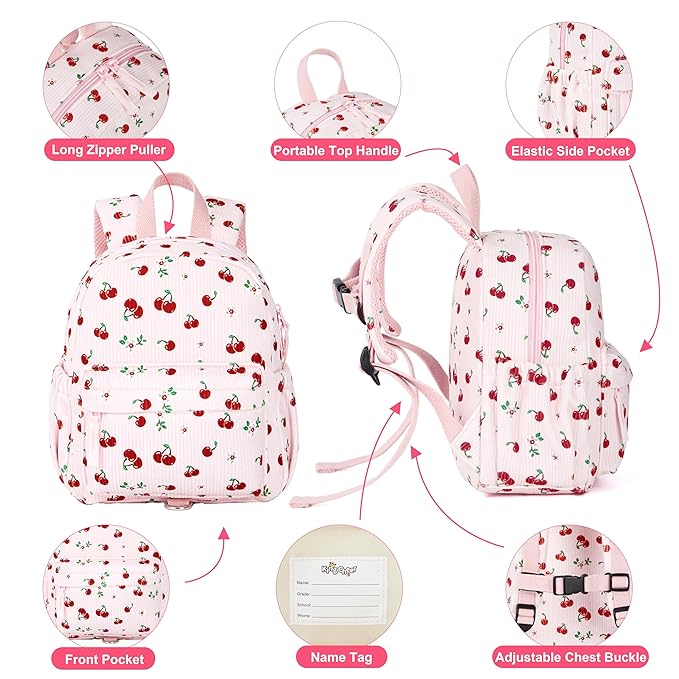 Corduroy Toddler Backpack with Detachable Leash and Anti-Lost Wrist Link, Safety Harness Walking Backpack for Toddler Boys Girls 1-3, Cute Cherry Travel Backpack with Leash for Kids