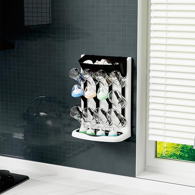 Yieach Larger Vertical Baby Bottle Drying Rack - BPA FREE - Space Saving Feeding Bottles Drying Rack Holder for Countertop,Baby Bottle Holder Storage Station for Pacifiers,Pump Accessories Stand,BLack