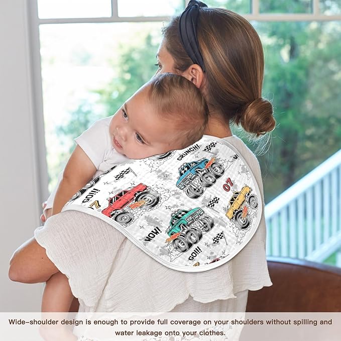 Muslin Burp Cloths for Baby Boys and Girls - 4-Pack Ultra Absorbent Monster Trucks Muslin Washcloths, Newborn Towel, Milk Spit Up Rags, Burp Cloth Bib for Unisex, 22 x 11 Inch