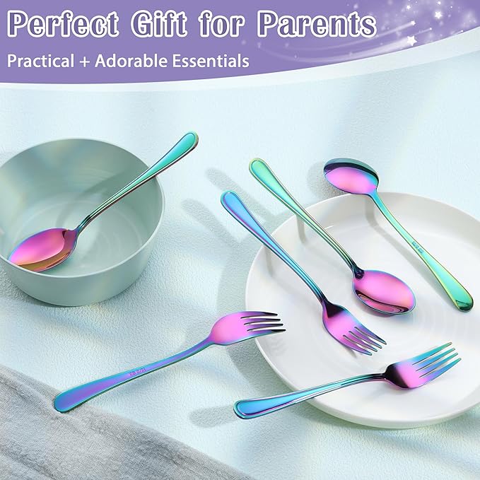 E-far 12-Piece Toddler Silverware, Stainless Steel Kids Utensils Forks and Spoons, Children Safe Mirror Polished Metal Cutlery Set for Self Feeding, 6 Forks & 6 Spoons(Rainbow)