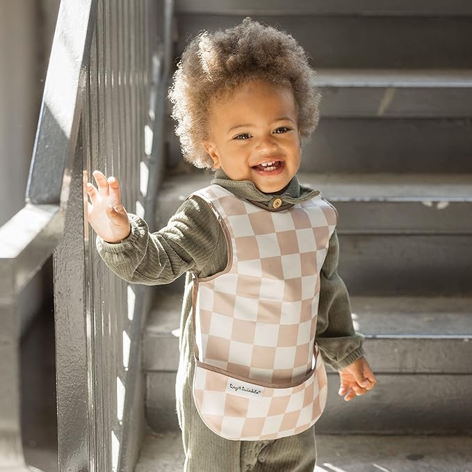 Tiny Twinkle Mess Proof Baby Bibs | 2 Pack Waterproof Toddler Bib for Eating | Baby Apron for Feeding, Machine Washable, Perfect Shower Gift (Beige,Sage Checkers, 6–24M)