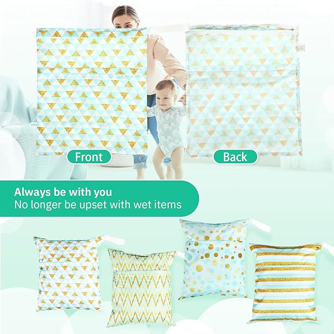 Frienda 4 Pieces Cloth Diaper Wet Dry Bag, Waterproof Reusable Washable Bag for Baby Items and Travel Zippered Pockets with Handle, Beach, Swimsuit, Dirty Gym Clothes and Toiletries(Tropical)