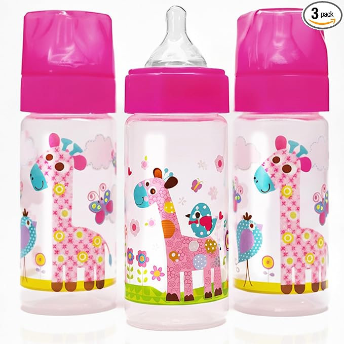 Avima 9 oz Anti Colic Baby Bottles for Breastfed Babies - Medium Flow Nipples, Wide Neck Bottle, BPA Free - 3-6 Months, Stage 2 (Set of 3) Pink Baby Bottles - Giraffes
