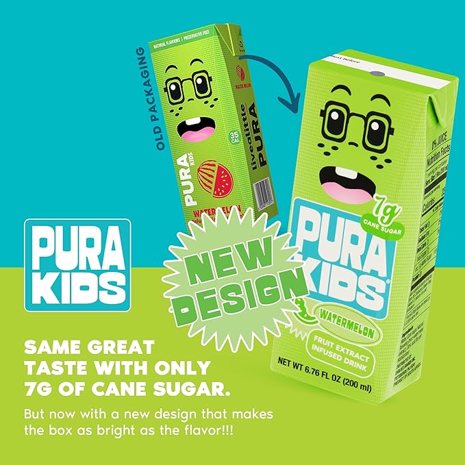 PURA Kids Box | Watermelon Fruit extract infused Drink for kids | 7g Pure Cane Sugar | Non-GMO | Vegan, No Artificial Sweeteners | Best Lunchbox Beverage with Paper Straw | 6.76 fl oz (200ml), Pack of 24