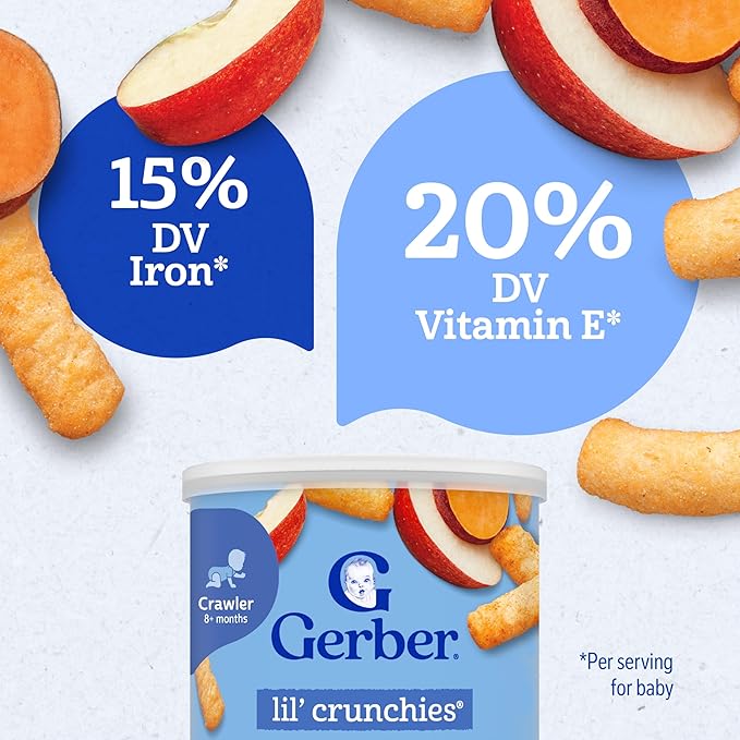 Gerber Stage 3 Baby Food Snacks, Apple Sweet Potato Lil' Crunchies, Snacks for Babies, Baby Led Feeding, 6-Pack