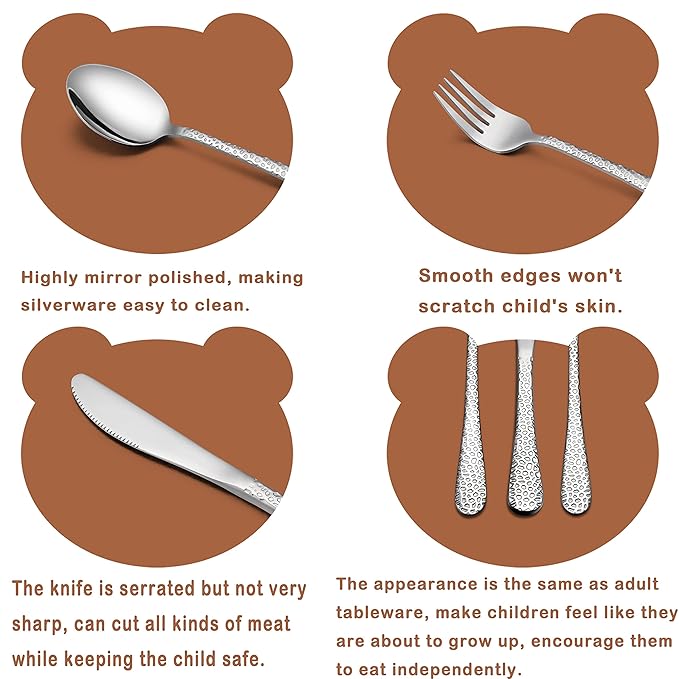 HaWare 12-Piece Toddler Kids Silverware Set, Stainless Steel Hammered Flatware Cutlery, Children Tableware Includes 4 Spoons&Forks&Butter Knives, Ideal for Preschooler, Dishwasher Safe
