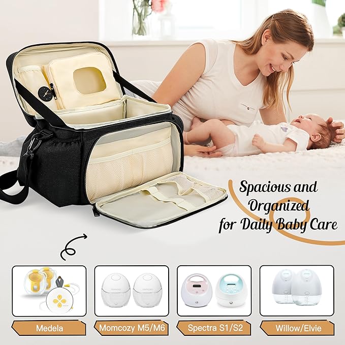 Breast Pump Bag Compatible with Spectra S1/S2 & Medela, Work/Travel Mommy Diaper Tote Bags with Insulated Cooler, Pumping Storage Bag Christmas Gift for New Moms (Bag Only)
