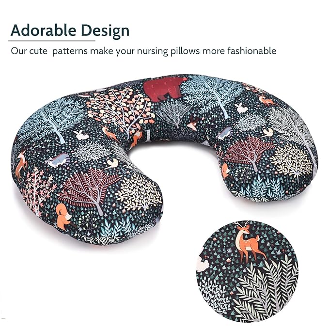 Baby Nursing Pillow Cover, Woodland Breastfeeding Pillow Slipcover, 2PACK, Nursing Pillow Case for Newborn, Soft Fabric Fits Snug On Infant, Washable and Breathable, Animals Deer Rabbit