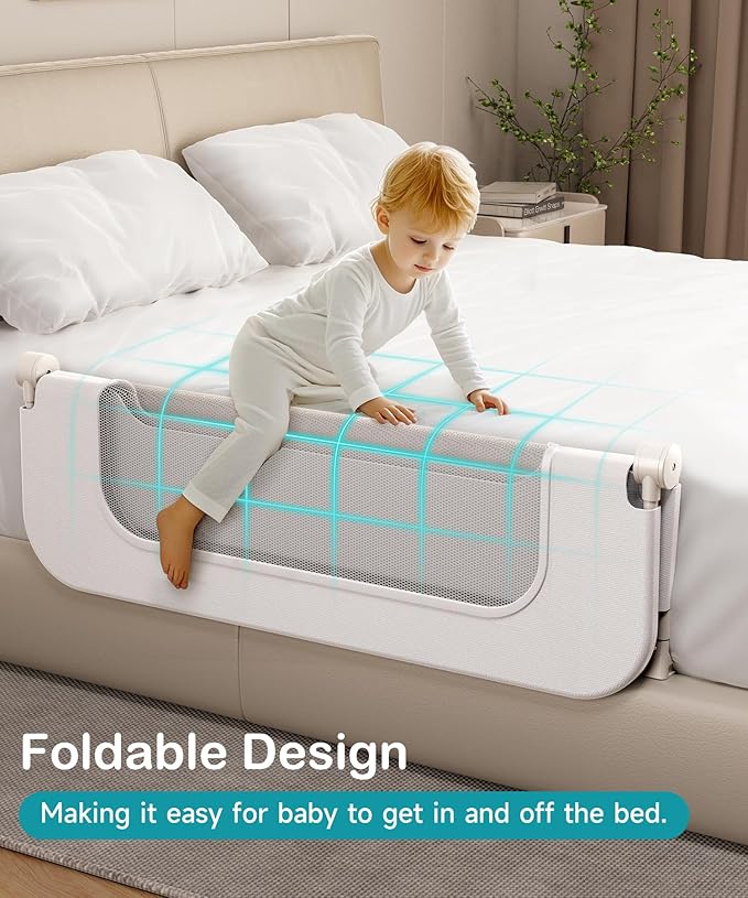 Bed Rail for Toddlers, Baby Bed Rail Guard with U-Shape Base, Height Adjustable & Foldable Toddler Bed Rails for Full Size, Queen, King, Twin (White, 59in)