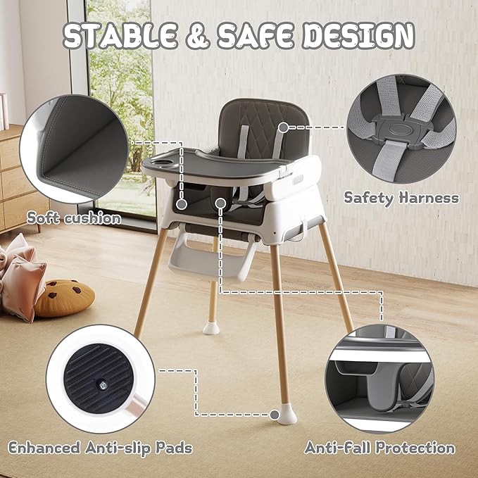 4 in 1 Baby High Chair for Babies and Toddlers, Foldable & Portable Convertible Booster Seat, Adjustable Tray & Footrest, Lightweight, Stable, Easy to Clean, Grey