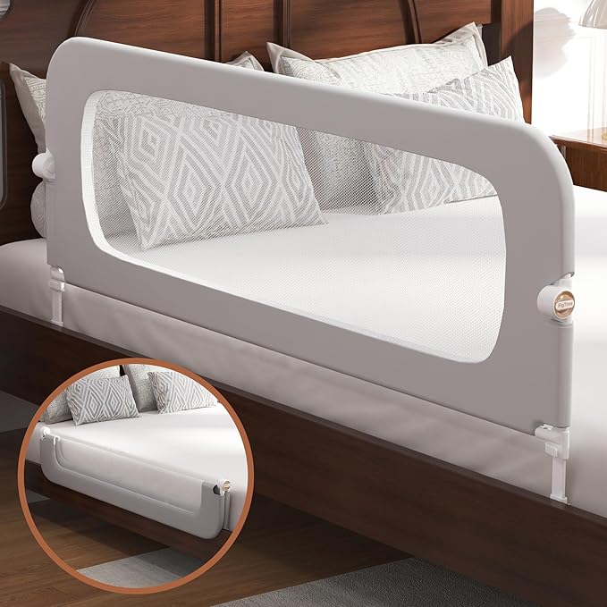 FigTime Bed Rail for Toddlers, Baby Bed Rail Guard for Kids, Toddler Bed Rails with Reinforced Anchor Fit, Height Adjustable & Foldable Bed Rail Guard for Twin, Full, Queen & King Beds (Grey, 59IN)