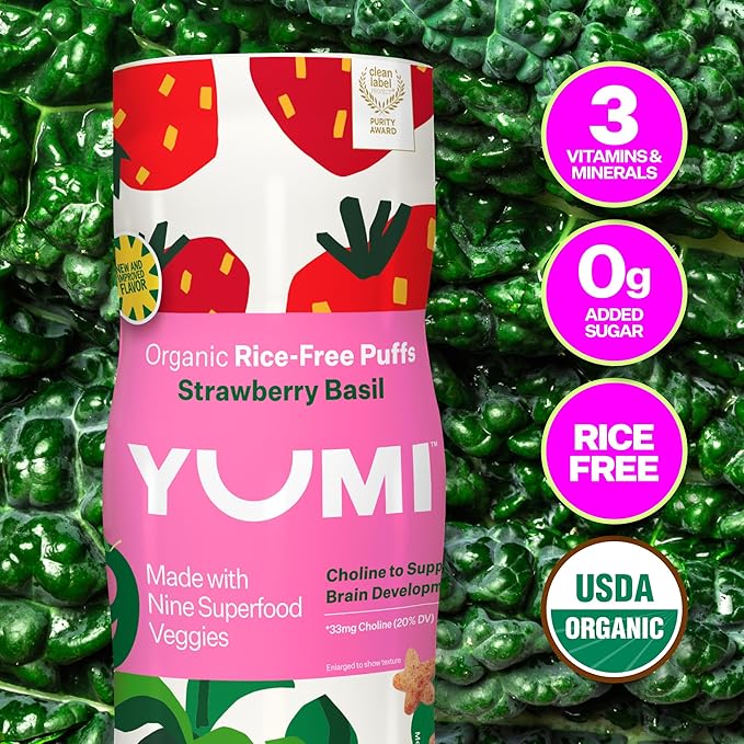 YUMI Rice-Free Baby Puffs - No Sugar Added, Gluten-Free, Non-GMO Organic Baby Snacks Puffs, School Safe for Daycare and Lunchboxes - Alternative to Baby Teething Snacks, Strawberry Basil (6ct.)