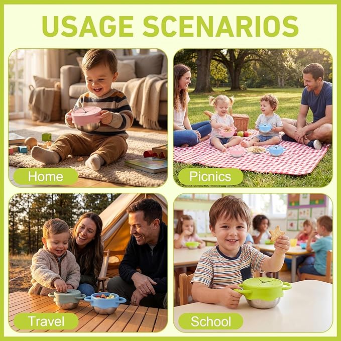 4 Pcs 13 oz Stainless Steel Snack Cups Spill Proof, 3 in 1 Baby Snack Containers Removable Silicone Food Catcher Travel Lid Food Catcher for Baby Toddler Kids, Dishwasher Safe (Morandi Color)