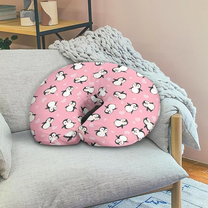 Pink Cartoon Penguin Nursing Pillow Covers Breastfeeding Pillow Slipcover for Newborn Soft Nursing Pillow Case Skin-Friendly U-Shaped Hidden Zipper Design