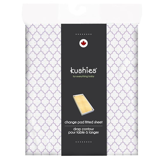 Kushies Change Pad Fitted Sheet Terry, White/Lilac Ornament