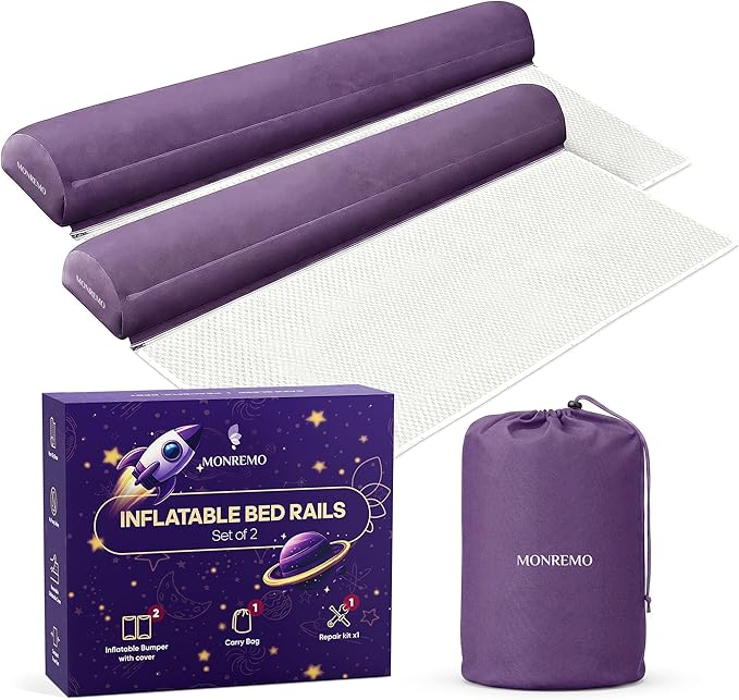 Inflatable Bed Rails for Toddlers (Set of 2) - Portable Travel Bed Bumpers for Kids - Non-Slip Safety Guard with Washable Cover - Fits Twin, Full, Queen & King - Blow Up Side Rail Barrier