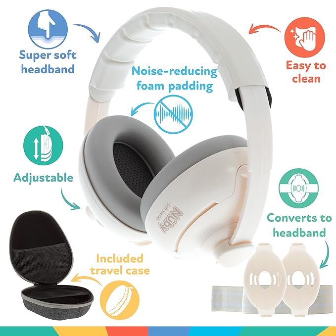 Nuby Soft Sounds 2-in-1 Noise-Canceling Baby Earmuffs with Travel Case - Adjustable Noise Protection for Infants and Toddlers - White
