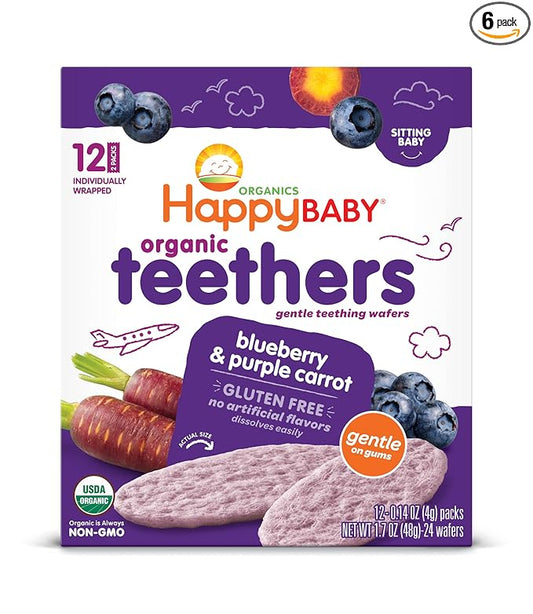 Happy Baby Organics Baby Snacks, Gentle Teething Wafers, Gluten Free & Vegan, Blueberry & Purple Carrot, 12 Count (Pack of 6)