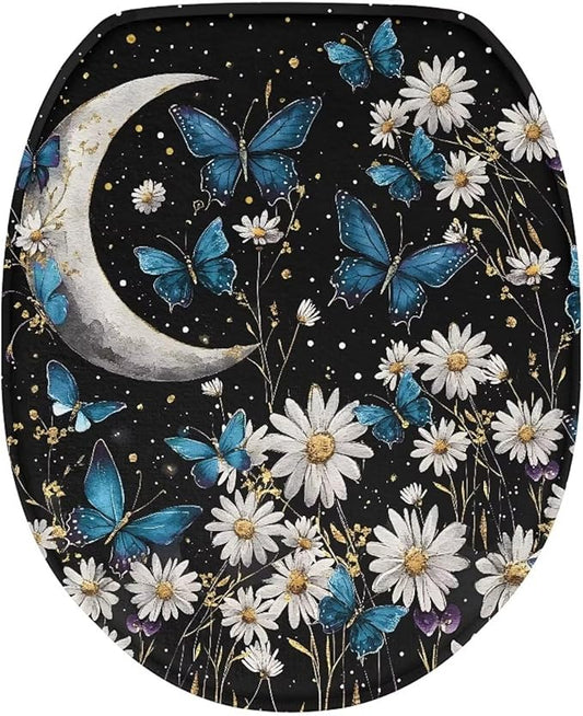 Butterfly Daisy Toilet Lid Cover Flannel Toilet Lid Cover Protector Decor Stretch Washable Suitable for Home School Hotel Dormitory Apartment，Bathroom Accessories