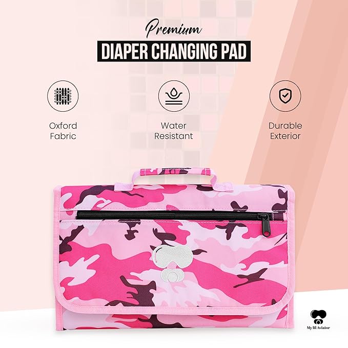 Pink Baby Camo Portable Diaper Changing Pad Waterproof Foldable Travel Mat with Pockets Soft Oxford Fabric Lightweight Compact Changing for Parents Multiple Pockets for Storage
