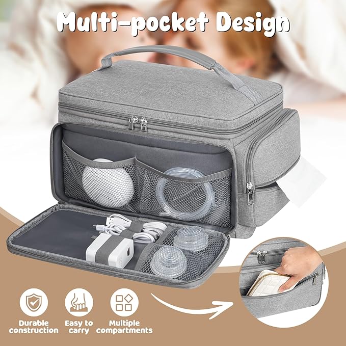OCKLILY Breast Pump Bag for Spectra S1 S2 with Waterproof Mat, Breast Milk Cooler Bag for Pump Essentials, Pumping Bags for Working Mom Travel Camping, Grey