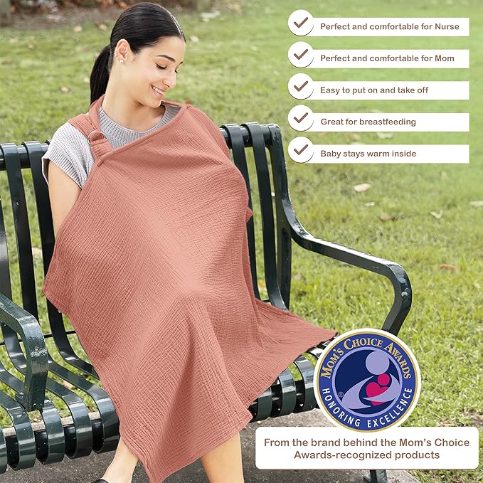 100% Organic Cotton Nursing Cover & Shawl - 43 x 28 Inch Breathable Muslin Breastfeeding Nursing Apron Cover with Arch Neckline for Mothers, Multi-use Carseat Canopy (Rust)