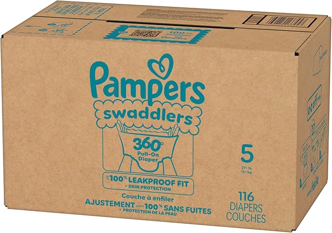 Pampers Diapers - Swaddlers 360° - Size 5, 116 Count, up to 100% Leakproof Comfy Dry Fit, Designed for Easy Changes, Pull On Baby Diaper (Packaging May Vary)