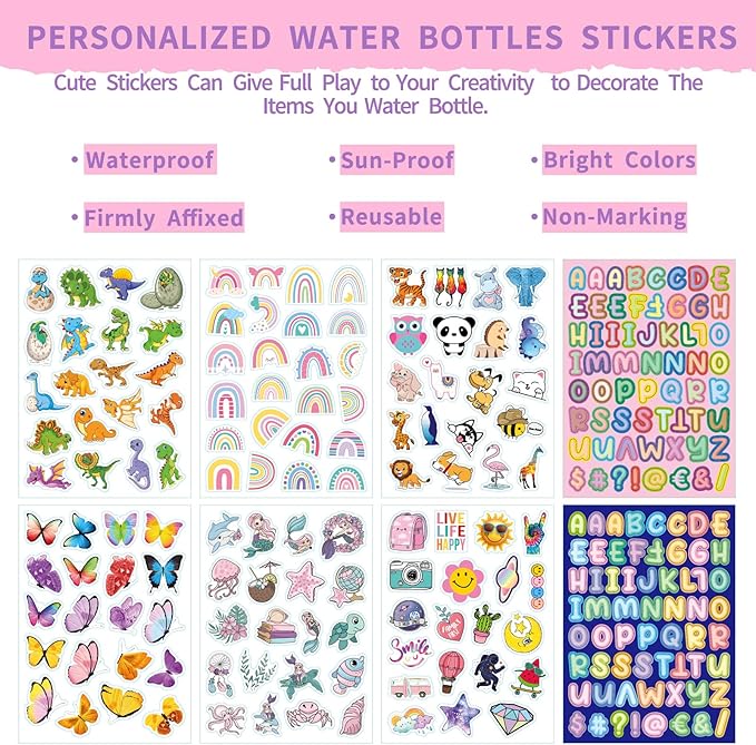 mininoo Kids Water Bottle for School, 16oz Stainless Steel Insulated Water Bottle Kids with Straw Lid for Girls, Boys (Purple/Pink)