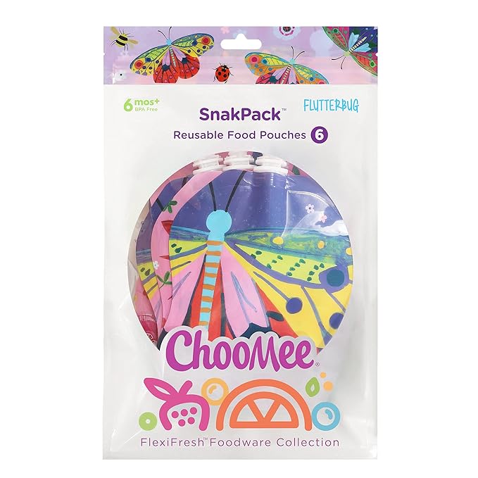 ChooMee Reusable Baby Food Storage Pouches | BPA Free Leakproof Toddler Squeeze Pouch for Smoothies, Purees & Baby Food | Refillable, Double Zipper, Easy Clean, Wide Bottom | 6CT, 8oz FlutterBug