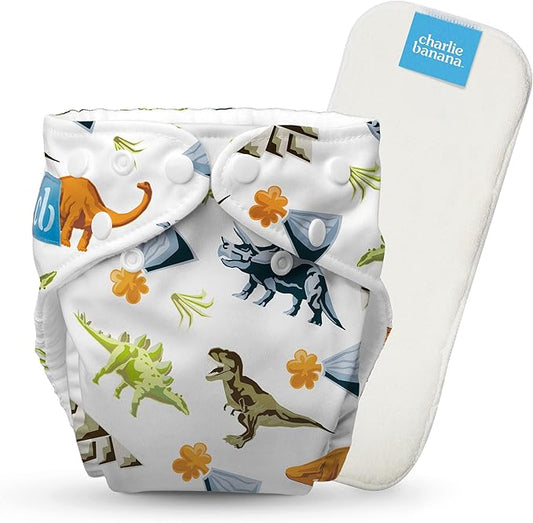 Charlie Banana Cloth Diapers, Reusable, Washable, Adjustable One Size Diaper, for Babies and Toddlers, with Absorbent Insert - Dinosaurs, 1 Pack