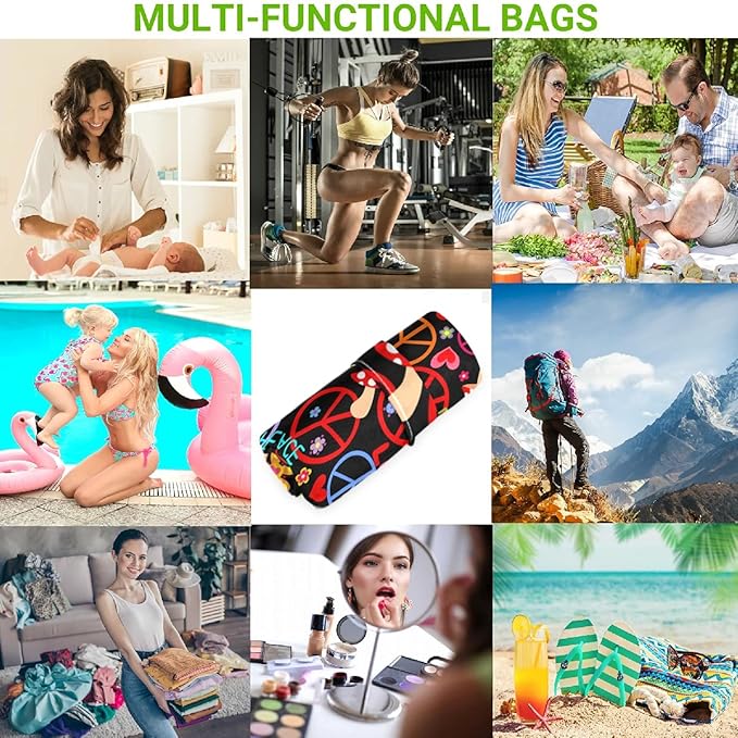 visesunny Hippie Peace Symbol Mushroom And Abstract Flower 2Pcs Wet Bag with Zippered Pockets Washable Reusable Roomy for Travel,Beach,Pool,Daycare,Stroller,Diapers,Dirty Gym Clothes, Wet Swimsuits, T