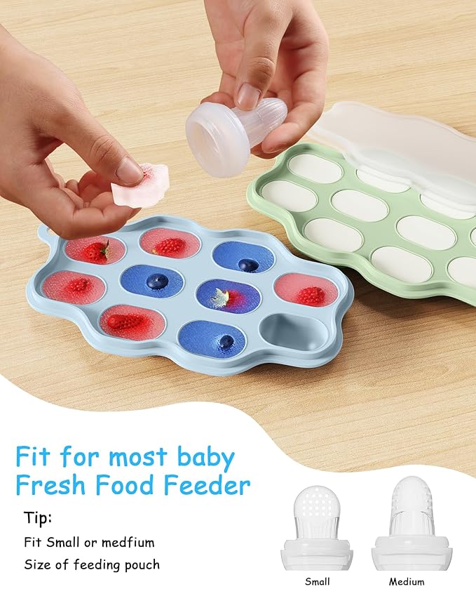 Baby Food Freezer Tray & Fruit Feeder Set – 2 Pack Silicone Baby Food Storage Trays + 2 Fresh Food Feeders for Infant Teething & Self Feeding – Popsicle Mold for Breastmilk, Purees, Blue & Green