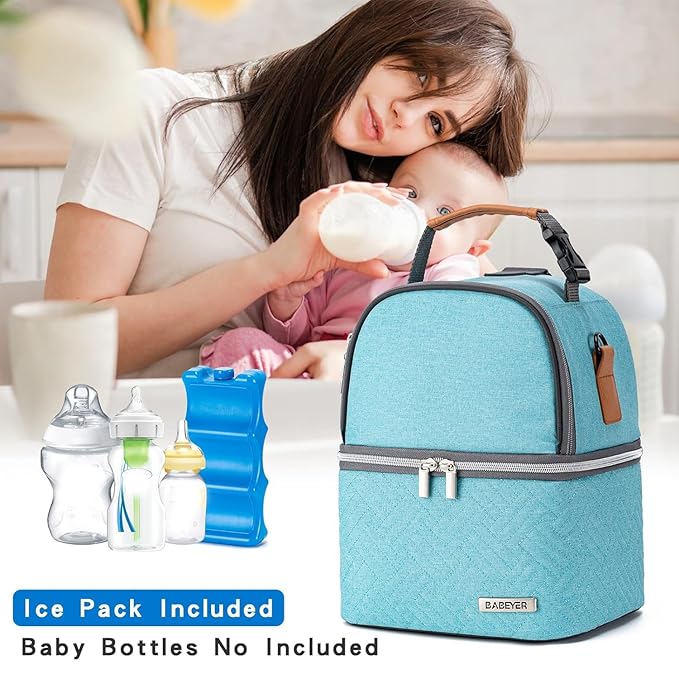 Breastmilk Cooler Bag with Ice Pack Fits 6 Baby Bottles up to 9 Ounce, Breast Milk Pump Cooler Bag with Shoulder Strap for Nursing Mom Daycare, Work, Travel- Lake Green