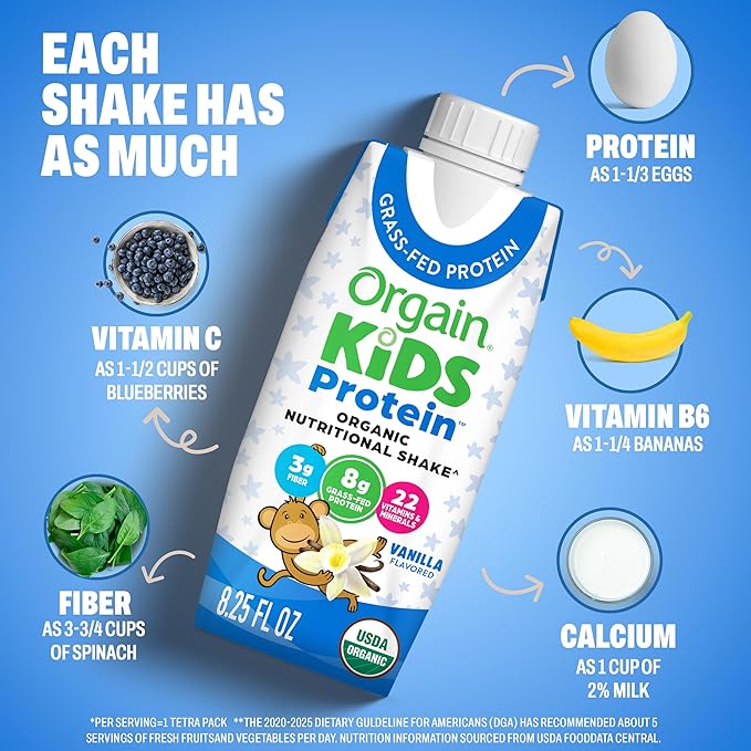 Orgain Organic Kids Dairy Nutritional Protein Shakes, Chocolate 12‑Pack + Vanilla 12‑Pack, 8g Protein, 3g Fiber, 22 Vitamins & Minerals, No Soy Ingredients, Gluten Free, Non‑GMO, 8.25 fl oz