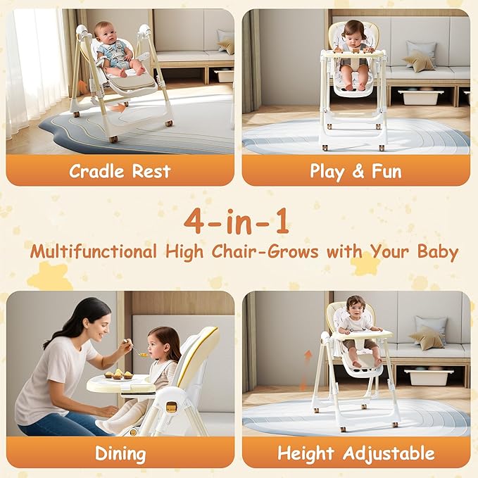 High Chairs for Babies and Toddlers, Foldable High Chair with Lockable Wheels, 4-in-1 Convertible, Adjustable Reclining Seat with Leg Rest & 5-Point Harness, Soft Cushion, Portable When Folded, Beige