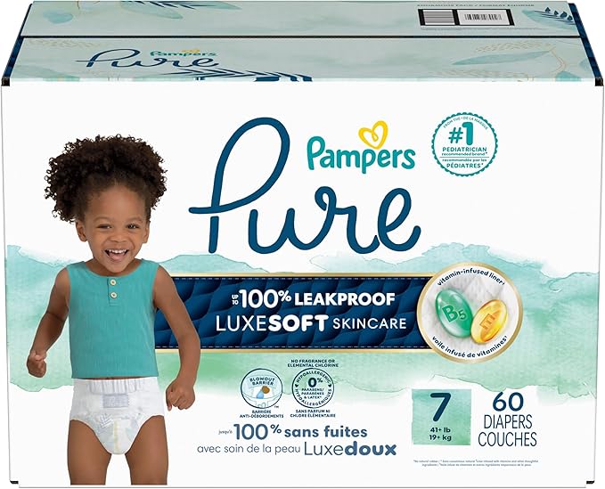 Pampers Baby Diapers - Pure Protection - Size 7, 60 Count, for up to 100% Leakproof, Premium Plant-based Skin Protection