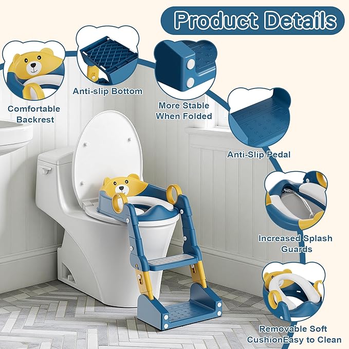Potty Training Seat,Toddler Toilet Seat for Boys Girls,3-in-1 Potty Training Toilet and Chair with Step Stool Ladder,Anti-Slip Height Adjustable Foldable Splash Guard for Kids (Blue Yellow)