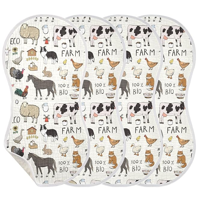 Kigai Farm Animals Muslin Baby Burp Cloths - Super Absorbent and Soft Burping Rags - Cotton Burp Clothes Set for Boys and Girls, 4 Pack