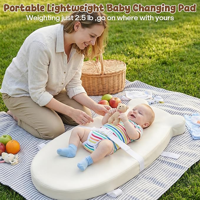 Baby Diaper Changing Pad with Wipeable & Waterproof PU Cover, Contoured Baby Changing Pad for Dresser, Non-Slip Changing Table Pad with Adjustable Strap, Cushioned Contoured Foam