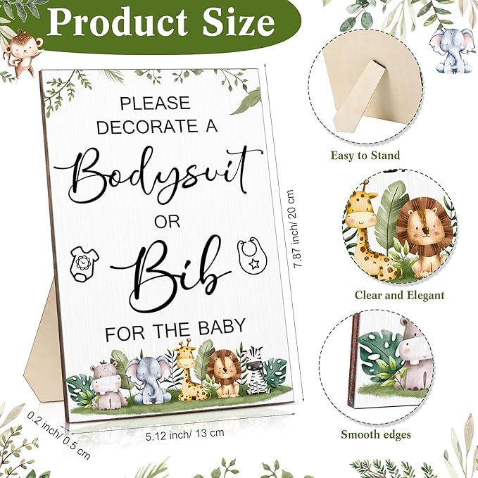 Roowest 35 Pcs Baby Shower Bibs Games Design Wooden Baby Shower Party Game Sign DIY Bodysuit Sign 15 White Blank Bibs 9 Bodysuit 10 Markers for Party Supplies(Jungle)