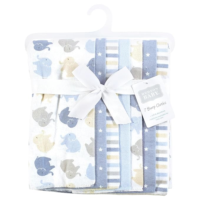 Hudson Baby Unisex Baby Cotton Flannel Burp Cloths 7-Pack, Multi Color Boy Elephant, One Size