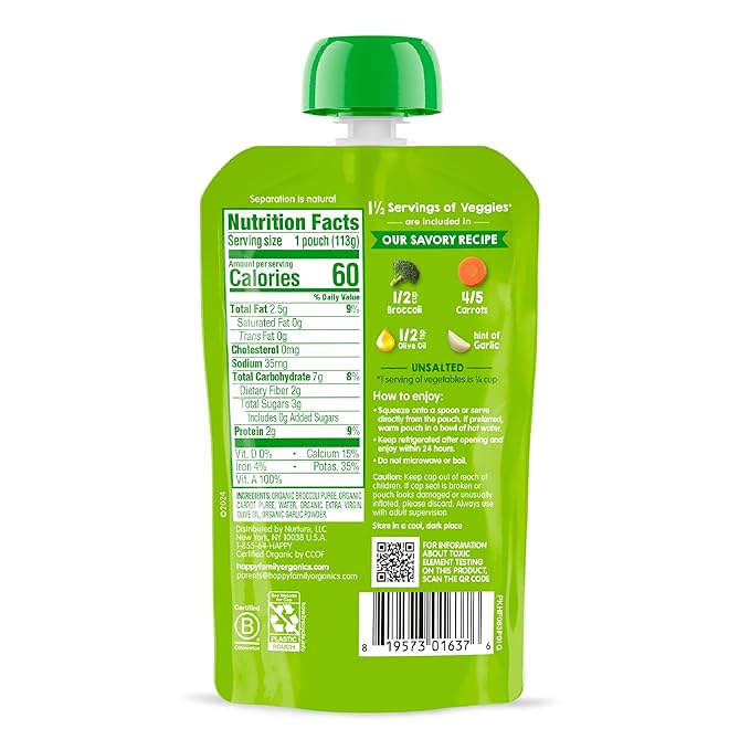Happy Baby Organics Savory Blends Stage 2 Baby Food, Broccoli & Carrots with Olive Oil + Garlic, 4 Ounce Pouch (Pack of 16)