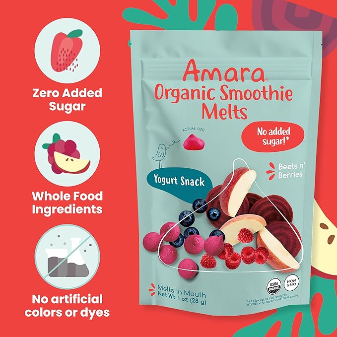 Amara Smoothie Melts - Beets n' Berries- Organic Baby Snacks w/ Fruits & Veggies - Plant Based Yogurt Melts - Healthy Toddler Snack - Activity Book Included - Enjoy From 10+ Mos - 6 Resealable Bags