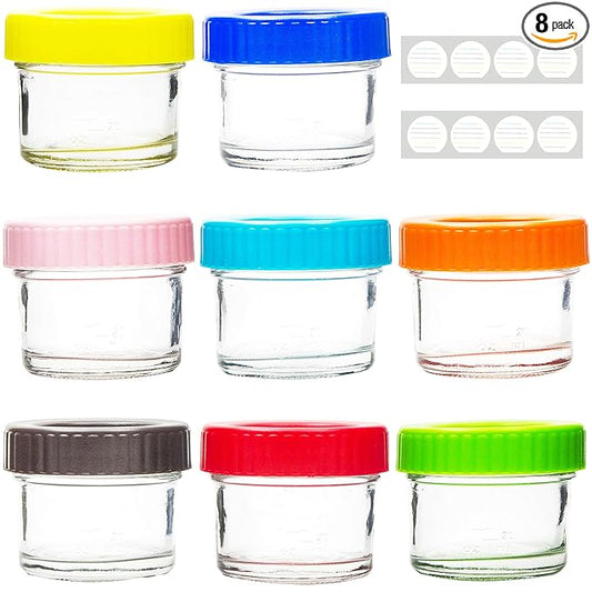 Youngever Glass Baby Food Storage, 4 Ounce Stackable Baby Food Glass Containers with Airtight Lids, Glass Jars with Lids, 8 Assorted Colors (8 Pack)