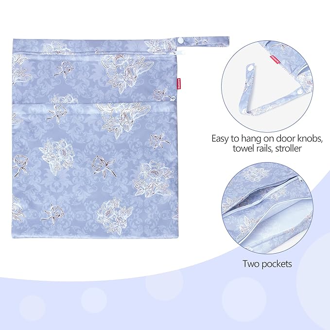 Damero 2 Pcs Wet Dry Bag for Cloth Diaper, Swimsuit, Clothes, Water-Resistant Reusable Wet Bag for Travel, Exercise, Beach, Pool, Daycare, Gray Flowers
