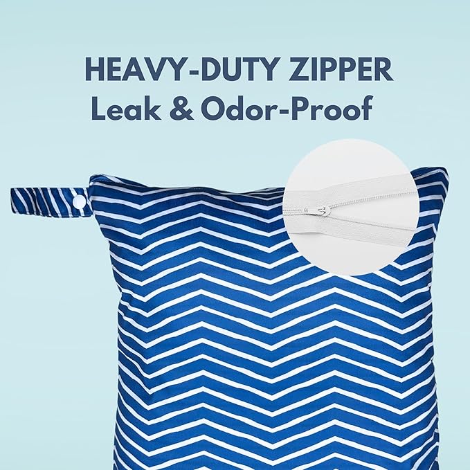 Waterproof Wet Bag for Mom & Baby – Waterproof, Smell Proof, Machine Washable Storage Bag for Cloth Diapers, Baby Clothes, Swimwear & More - Cute Blue Chevron Print 12.6" x 14.6"