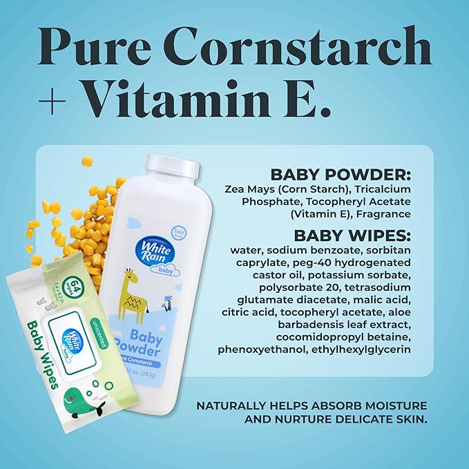White Rain Pure Cornstarch Baby Powder Talc Free and Baby Wipes Unscented Bundle, 4 Packs of 64 Wet Wipes and 20 oz Powder, Hypoallergenic with Vitamin E, Gentle Care Essentials for Sensitive Skin
