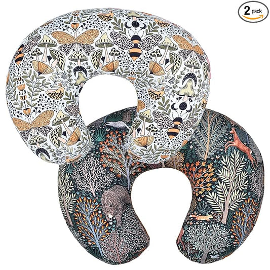 Winmany 2 Pack Baby Nursing Pillow Cover Newborn U-Shaped Breastfeeding Pillowcase Cushion Cover Stretchy Replaceable Forest&Floral Pillow Cover Slipcover 22.5x20
