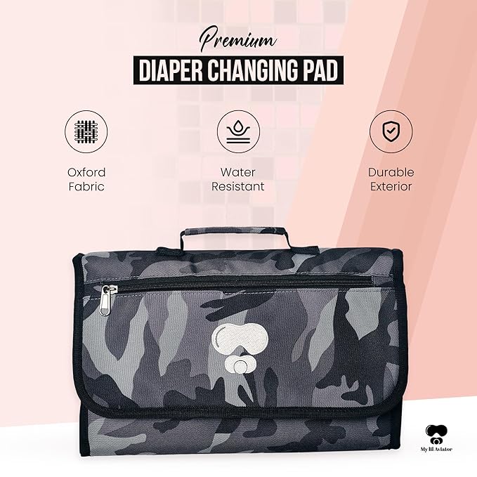 Black Grey Baby Camo Portable Diaper Changing Pad Waterproof Foldable Travel Mat with Pockets Soft Oxford Fabric Lightweight Compact Changing for Parents Multiple Pockets for Storage